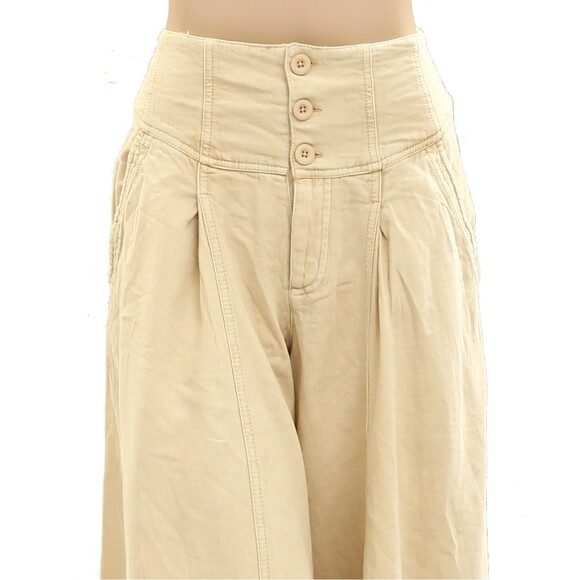 Free People Maxed Out Wide-Leg Trousers Pants Mid-Rise Pleated Beige M-8 282253 - Picture 7 of 9